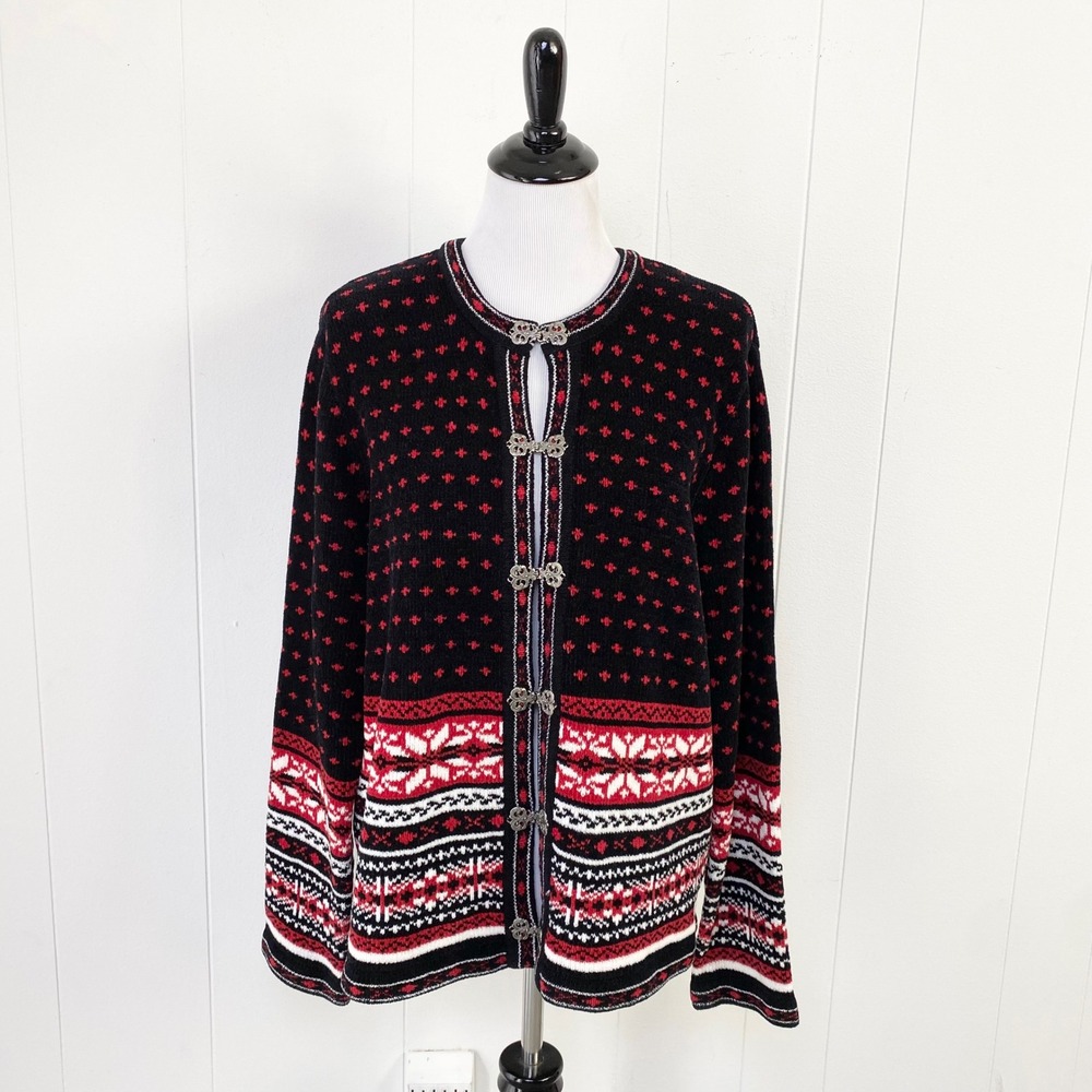 Croft & Barrow Nordic Snowflake Clasp Cardigan Sweater Black Red White Large